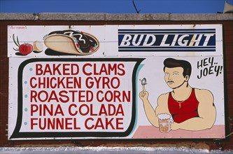 USA, New York, New York City, Coney Island.  Sign for cafe / bar listing food and drink  with