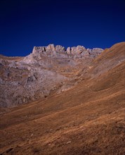 SPAIN, Aragon, Pyrenees, Sierra de la Escusana.  Mountain landscape with eroded rock pinnacles and