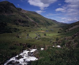 WALES, Gwynedd, Snowdonia National Park, "View west over Nant Ffrancon Valley from Ogwen Falls.