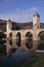 FRANCE, Midi Pyrenees, Cahors, Pont Valentre. Bridge over the River Lot built between 1308 and 1378