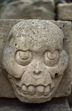 HONDURAS, Copan, Site of ancient Mayan ruins.  Detail of carved stone skull-like face.