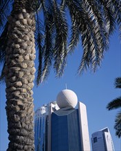UAE, Dubai, Deira, Etisalat Building on Dubai Creek with palm tree in foreground.