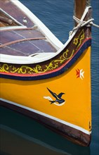 MALTA, Valletta, The bow of a traditional Dghajsa water taxi