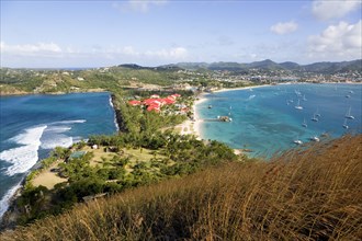 WEST INDIES, St Lucia, Gros Islet , The isthmus leading to Pigeon Island seen from Signal Hill