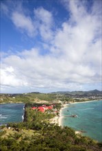 WEST INDIES, St Lucia, Gros Islet , The isthmus leading to Pigeon Island seen from Signal Hill