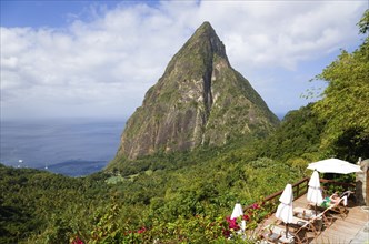 WEST INDIES, St Lucia, Soufriere , Val des Pitons The volcanic plug of Petit Piton and the lush