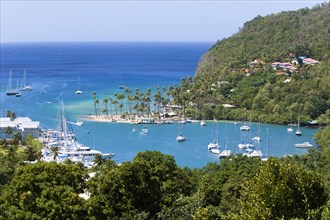 WEST INDIES, St Lucia, Castries , Marigot Bay The harbour with yachts at anchor the and lush