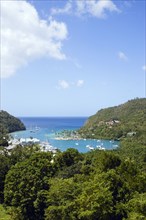 WEST INDIES, St Lucia, Castries , Marigot Bay The harbour with yachts at anchor the and lush