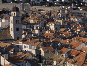 CROATIA, Dalmatia, Dubrovnik, The Franciscan Monastery Bell Tower and terracotta tiled roof tops
