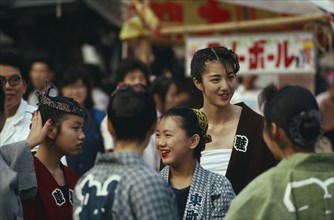 JAPAN, Honshu, Tokyo, Chiba. Narita. Gion Matsuri Festival. Young women 20 years old wearing
