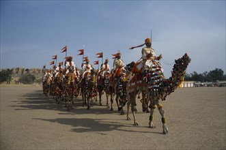INDIA, Rajasthan, Jaisalmer, Border Security Force soldiers performing the Camel Tattoo at the