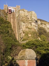 ENGLAND, East Sussex, Hastings, The East Hill Lift. View looking up at the steepest funicular