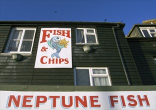 ENGLAND, East Sussex, Hastings, Fish and Chips shop take away frontage