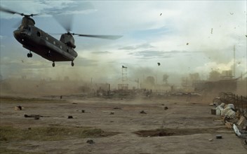 VIETNAM, War, "Helicopter, flying shrapnel and dust cloud in the Montagnard region."