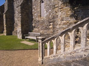 ENGLAND, East Sussex, Battle, Battle Abbey. Partially ruined abbey complex with detail of steps