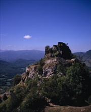 FRANCE, Midi-Pyrenees, Ariege, "Chateau de Roquefixade,  Ruined castle on cliff-top overlooking