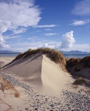 WALES, Isle of Anglesey, Newborough Warren , Wind shaped sand dune topped with thatch of grasses