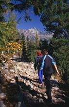 SLOVAKIA, Carpathian Mtns, High Tatras Mtns, Trekkers on the Magistrala trail near Popradske Pleso.