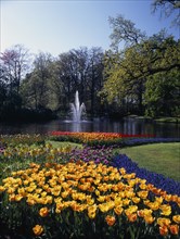 HOLLAND, South, Lisse, Keukenhof Gardens. Fountain in the parks lake surrounded by colourful tulip