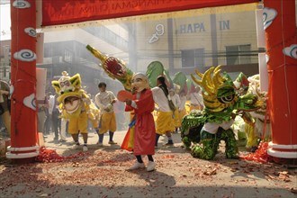THAILAND, North, Chiang Mai, "Chinese New Year celebrations. Dwarf, lion dancers, dragon dancers