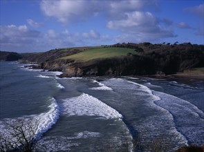 ENGLAND, Cornwall, Porthluney Cove, "Sea and coastline west of Dodman Point.  Sheltered, sandy cove