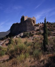 FRANCE, Languedoc-Roussillon, Aude, "Chateau Padern.  Ruined Cathar castle stronghold on hillside