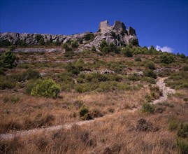 FRANCE, Languedoc-Roussillon, Aude, "Ruins of Chateau Perillos east of Tuchan situated on hillside
