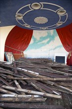 ENGLAND, West Sussex, Worthing, Piles of old decking in the bandstand the day that timber was