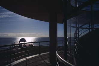 ENGLAND, East Sussex, Bexhill-on-Sea, De La Warr Pavilion exterior. View towards the sea from  sun