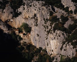 FRANCE, Languedoc-Roussillon, Aude, Gorge de Galamus.  South end with tenth century Hermitage St