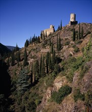 FRANCE, Languedoc-Roussillon, Aude, "Chateaux de Lastours. Cathar castles from left to right