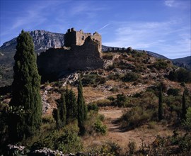 FRANCE, Languedoc-Roussillon, Aude, "Chateau Padern.  Ruined fortifications perched on steep, rocky