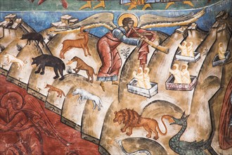 ROMANIA, Moldavia, Bucovina, "Part of Last Judgement fresco on wall, Voronet Monastery, near Gura