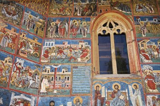 ROMANIA, Moldavia, Bucovina, "Frescoes on outside south wall, Voronet Monastery, near Gura