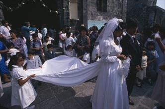 MEXICO, Misquic, "Wedding party outside church with bride and groom, bridesmaid and page boy in