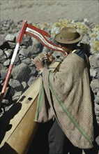 PERU, Music, Quechua Indian man playing traditional harp.