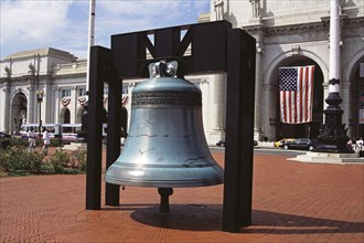 USA, Washington DC, Replica of Liberty Bell outside Union Railway Station