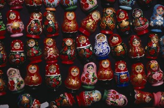HUNGARY, Budapest, Colourful painted matryoshka dolls for sale in souvenir shop.  Displayed in