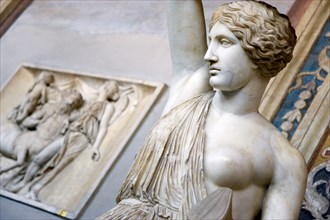ITALY, Lazio, Rome, Vatican City Museum Belvedere Palace Statue of a woman with raised arm in the