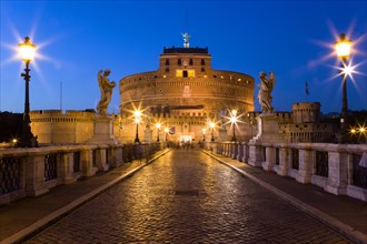 ITALY, Lazio, Rome, The 3rd Century bridge Ponte Sant'Angelo lined with statues and the 13th