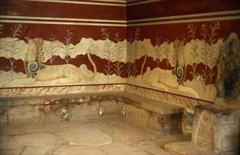 GREECE, Crete, Palace of King Minos at Knossos. Frescoed throne room of Minos.