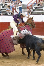 MEXICO, Jalisco, Puerto Vallarta, Bullfight. A picador lances the bull to weaken it in the tercio