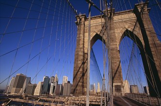USA, New York, New York City, Brooklyn Bridge.  View across bridge towards Manhattan skyline part