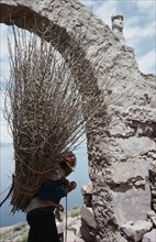 PERU, Puno, Lake Titicaca, Taquile Island.  Local man carrying bundle of twigs on his back framed