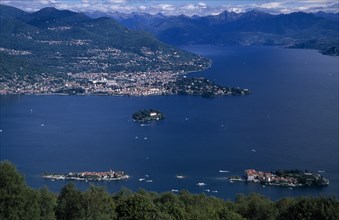 ITALY, Piedmont, Lake Maggiore, View across lake and the Borromeo Islands to distant mountains from