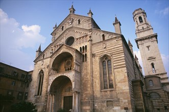 ITALY, Veneto, Verona, Romanesque facade of Duomo Santa Maria Matricolare and bell tower at side.