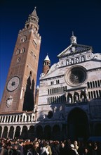 ITALY, Lombardy, Cremona, Piazza del Comune.  Part view of Duomo facade and medieval bell tower