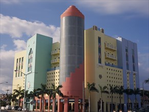 USA, Florida, Miami, South Beach. Colourful Art Deco buildings with China Grill Restaurant