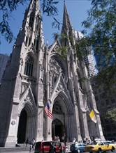 USA, New York, Saint Patrick’s Cathedral located on 5th Avenue framed by tree branches