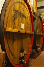 ITALY, Veneto, Lake Garda, Bardolino.  Large wooden wine casks in cellar at the Museum of Wine.